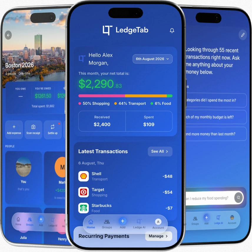 LedgeTab shown across three screens: a group's shared expenses, the home dashboard with net total and latest transactions, and Ledge AI answering a question about spending